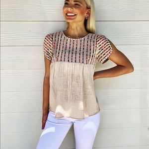 Babydoll top with embroider sleeve.